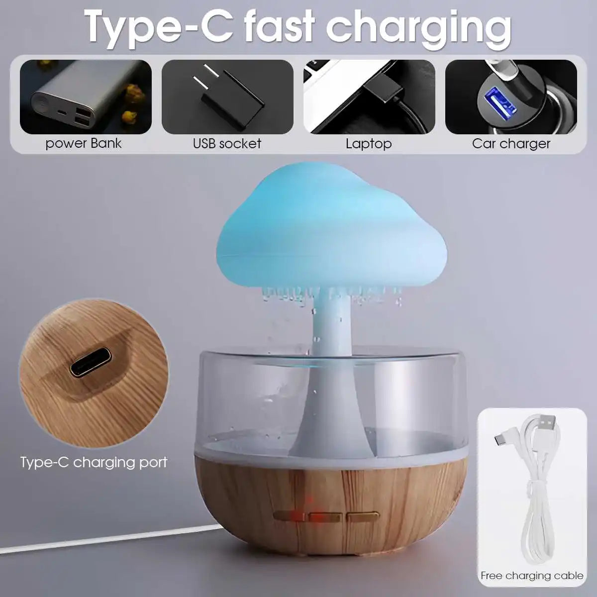 Rain Cloud Humidifier Rain Colorful Mushroom Cloud Raindrop Atmosphere Lamp Night Light Essential Oil Humidifier Machine